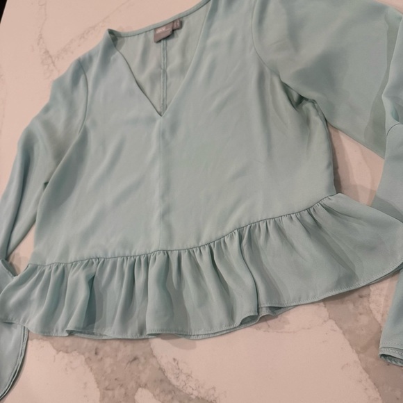 ASOS Elegant Long Ruffle Sleeve V-Neck Blouse Womens 4 Light Minty Blue Romantic - Picture 4 of 6